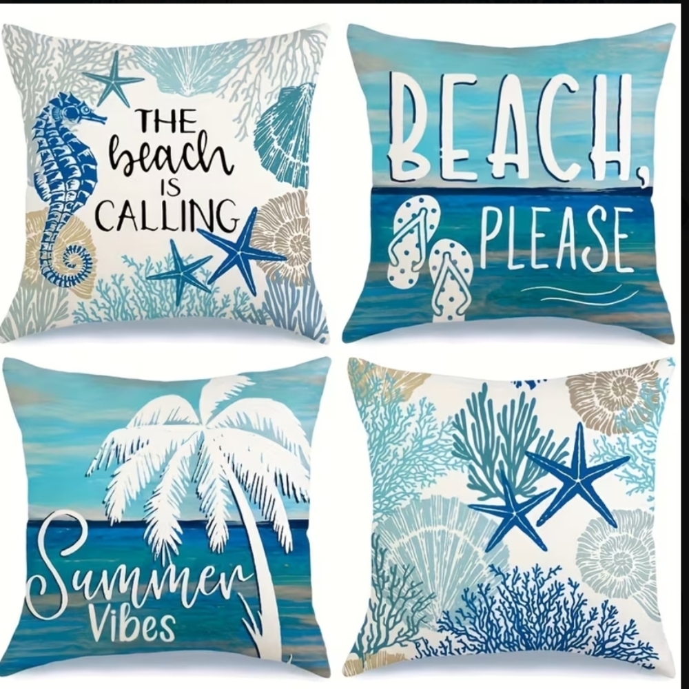 4 Pcs. Coastal Beach Throw Pillow Cover - Blue Summer Vibes
